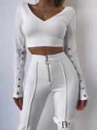 Choies White V-neck Buckle Strap Waist Open Back Long Sleeve Crop Top