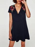 Choies Navy V-neck Embroidery Floral Cape Sleeve Mini Dress