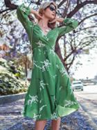 Choies Green Plunge Floral Print Tie Side Long Sleeve Midi Dress