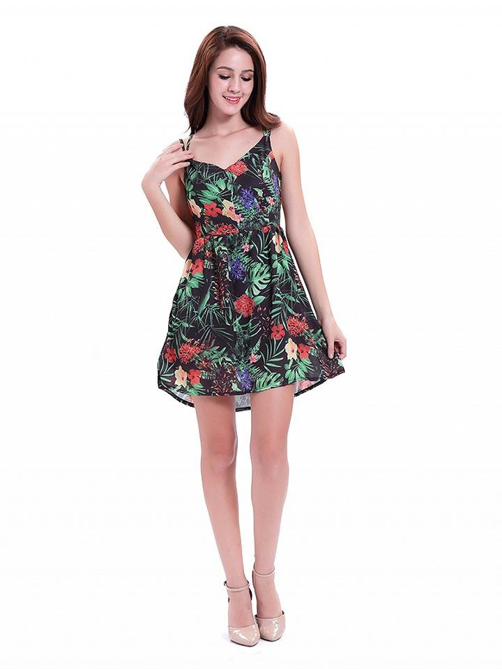 Choies Polychrome V-neck Tropical Print Spaghetti Strap Backless Mini Dress