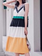 Choies Multicolor Contrast V-neck Open Back Chic Women Cami Midi Dress