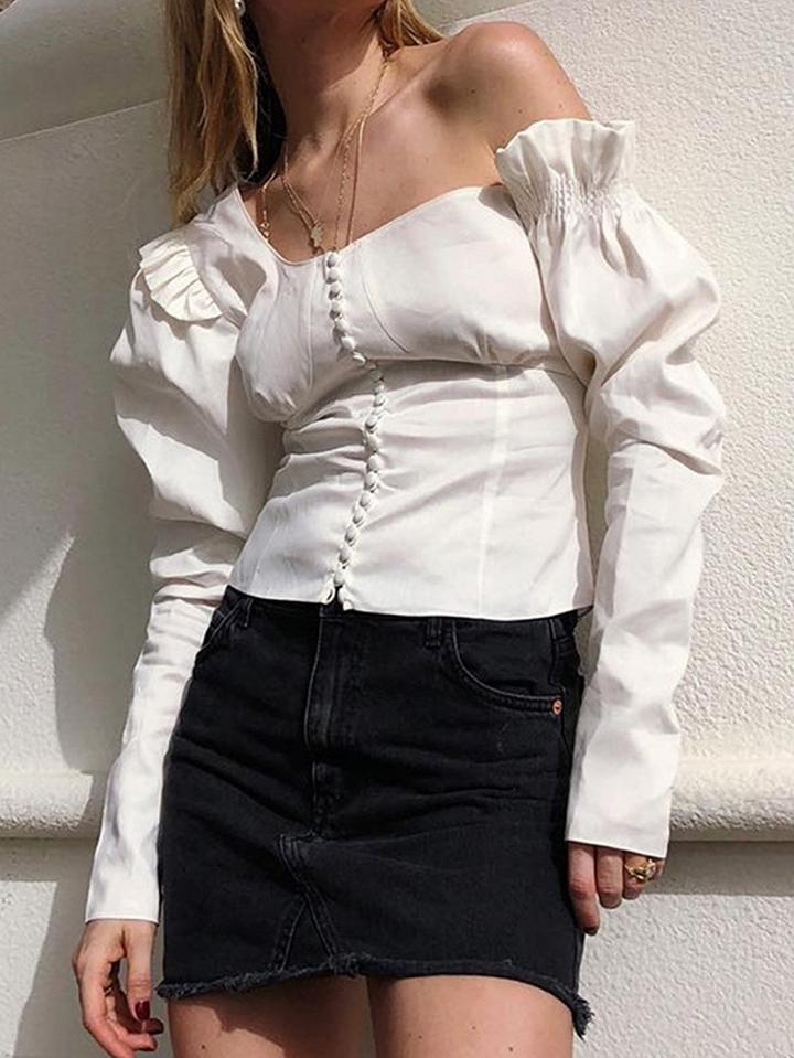 Choies White Asymmetric Neck Frill Trim Long Sleeve Chic Women Shirt
