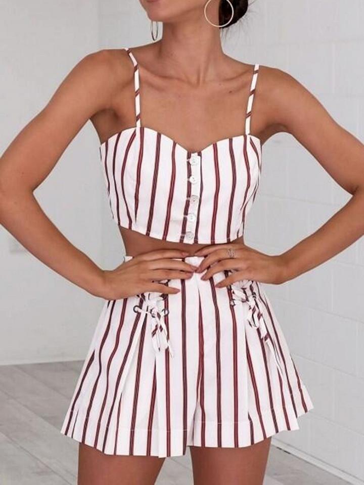 Choies Red Stripe Open Back Chic Women Crop Cami Top And High Waist Shorts
