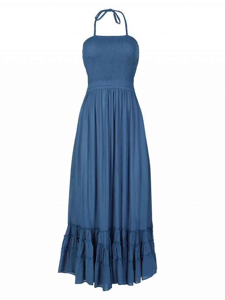 Choies Blue Halter Lattice Detail Backless Ruffle Maxi Dress