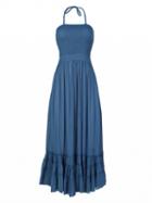 Choies Blue Halter Lattice Detail Backless Ruffle Maxi Dress