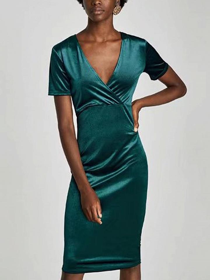 Choies Dark Green Velvet V-neck Short Sleeve Bodycon Dress