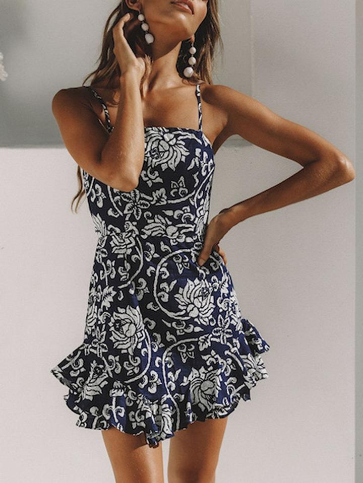 Choies Dark Blue Cotton Blend Folk Print Tie Back Chic Women Cami Mini Dress