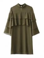 Choies Army Green Shirt Collar Ruffle Detail Shift Chiffon Dress