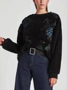 Choies Black Embroidery Floral Fluffy Sweatshirt