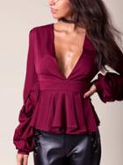 Choies Burgundy Plunge Ruffle Front Ruched Sleeve Blouse