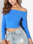Choies Royal Blue Off Shoulder Long Sleeve Ribbed Crop T-shirt