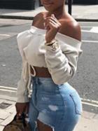 Choies White Off Shoulder Long Sleeve Cropped Sweatshirt