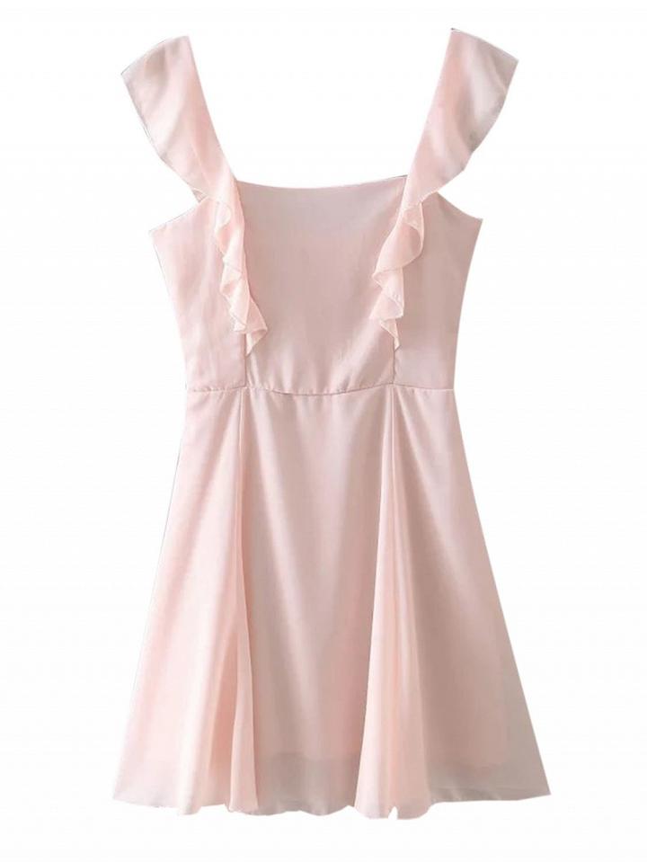Choies Pink Chiffon Ruffle Trim Cami Skater Dress