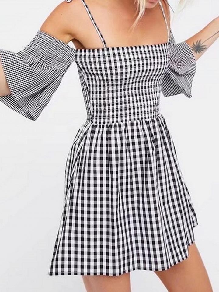 Choies Black Plaid Cotton Flare Sleeve Chic Women Cami Mini Dress