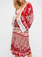 Choies Red Plunge Paisley Print Lace Panel Flared Sleeve Tie Waist Dress