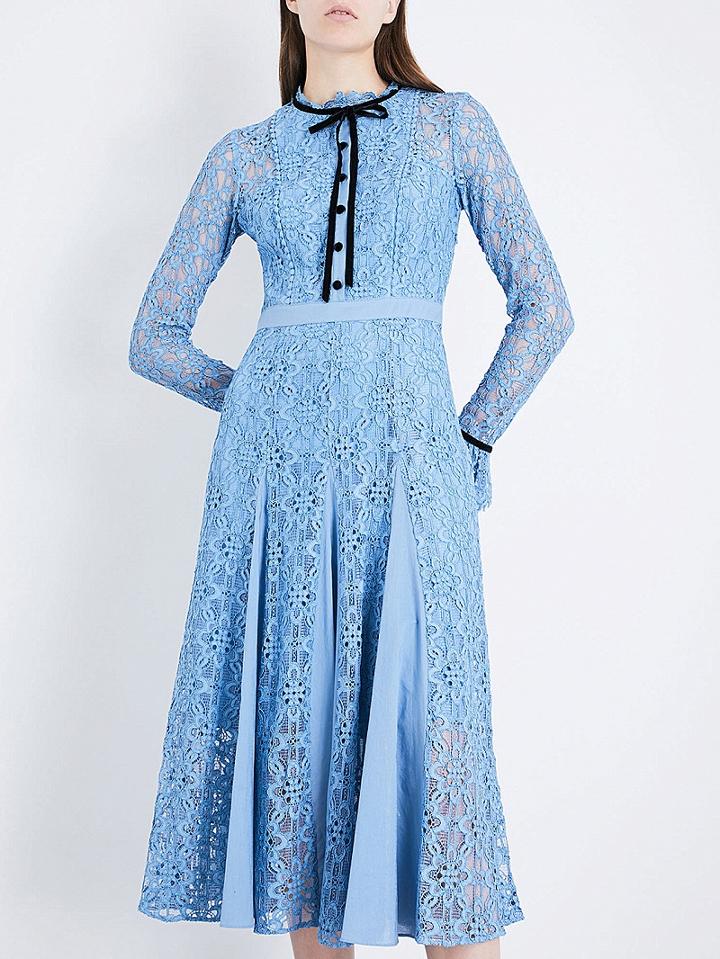 Choies Blue Bow Tie Front Flare Sleeve Lace Midi Dress