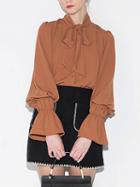 Choies Brown Tie Bow Front Flare Sleeve Shirt