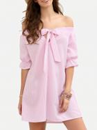 Choies Light Pink Stripe Off Shoulder Tie Front Ruffle Cuff Mini Dress
