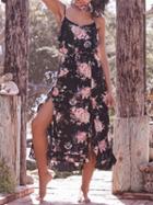 Choies Black Cotton Blend Floral Print Ruffle Trim Chic Women Cami Midi Dress