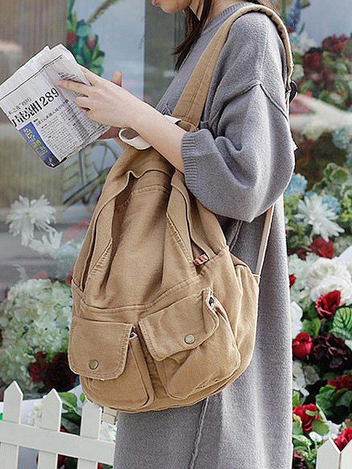 Choies Brown Zip Detail Denim Backpack