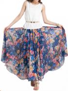 Choies Blue High Waist Floral Print Maxi Skirt