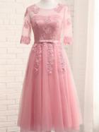 Choies Pink Sheer Mesh Embroidery Lace Up Back Tulle Midi Prom Dress