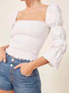Choies White Square Neck Ruched Detail Long Sleeve Chic Women Crop Blouse