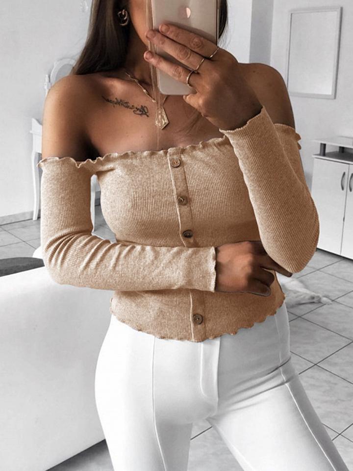 Choies Khaki Ribbed Off Shoulder Button Placket Front Long Sleeve Sweater