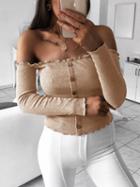 Choies Khaki Ribbed Off Shoulder Button Placket Front Long Sleeve Sweater