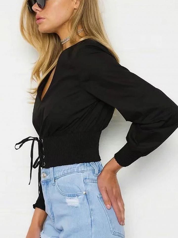 Choies Black V-neck Lace Up Front Long Sleeve Cropped Blouse