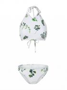 Choies White Leaf Print Halter Padded Cropped Bikini Top And Bottom