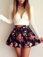 Choies White Sweetheart Longe Sleeve Floral Print Skater Dress
