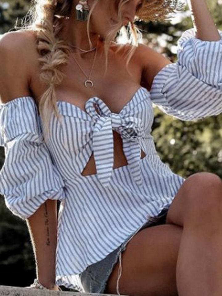 Choies Blue Stripe Off Shoulder Bow Tie Front Cut Out Detail Blouse