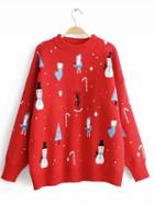 Choies Red Christmas Snowman Print Long Sleeve Women Sweater