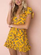 Choies Yellow V-neck Tie Waist Print Detail Ruffle Trim Mini Dress
