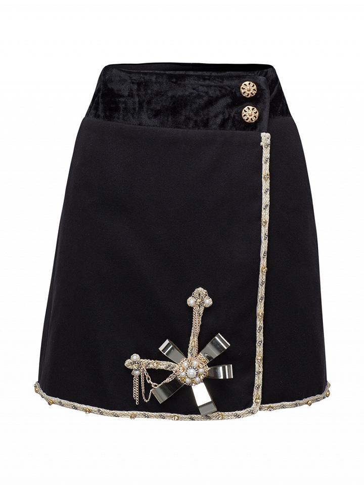 Choies Black Chain Detail Jeweled Metal Flower Gold Edges A-line Skirt