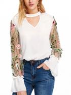 Choies White V-neck Sheer Mesh Panel Embroidery Detail Blouse