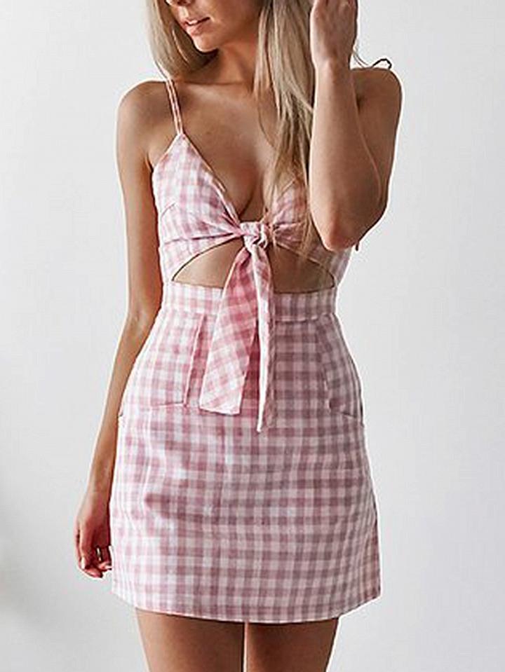 Choies Pink Plaid Cotton Plunge Tie Front Chic Women Cami Mini Dress