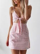 Choies Pink Plaid Cotton Plunge Tie Front Chic Women Cami Mini Dress