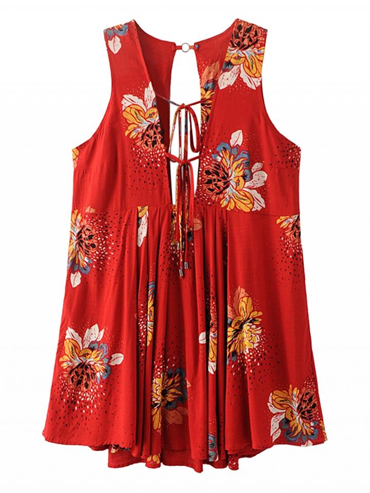 Choies Red Plunge V-neck Floral Lace Up Back Split Dress