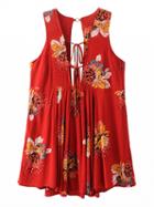 Choies Red Plunge V-neck Floral Lace Up Back Split Dress