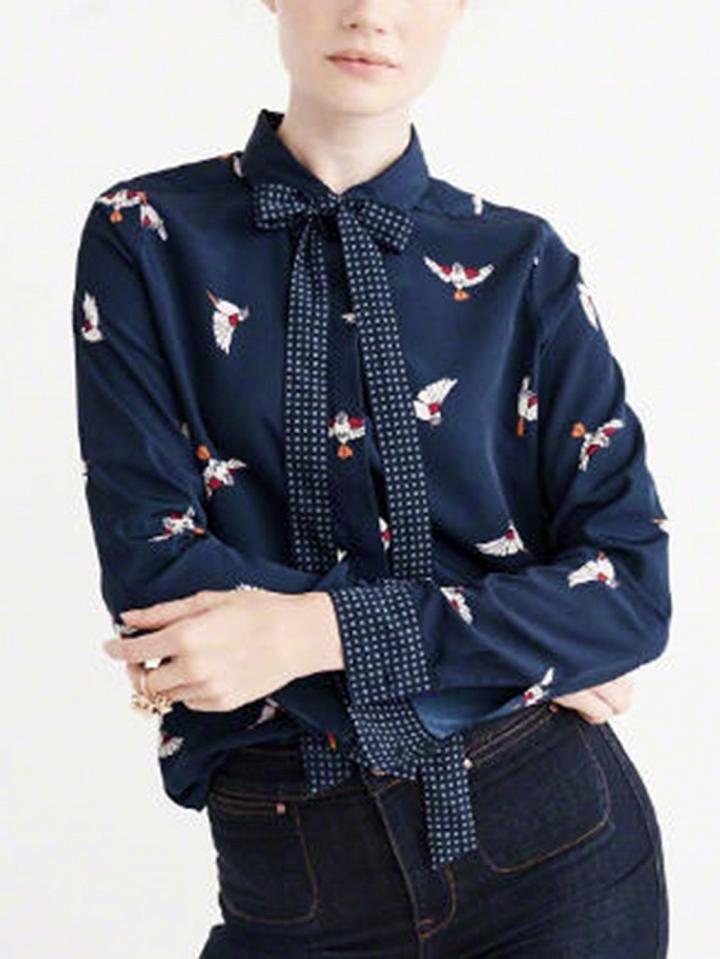 Choies Blue Bird Print Bow Front Long Sleeve Shirt