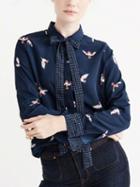 Choies Blue Bird Print Bow Front Long Sleeve Shirt