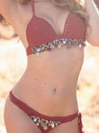 Choies Orange Halter Beaded Detail Women Knit Bikini Top And Bottom