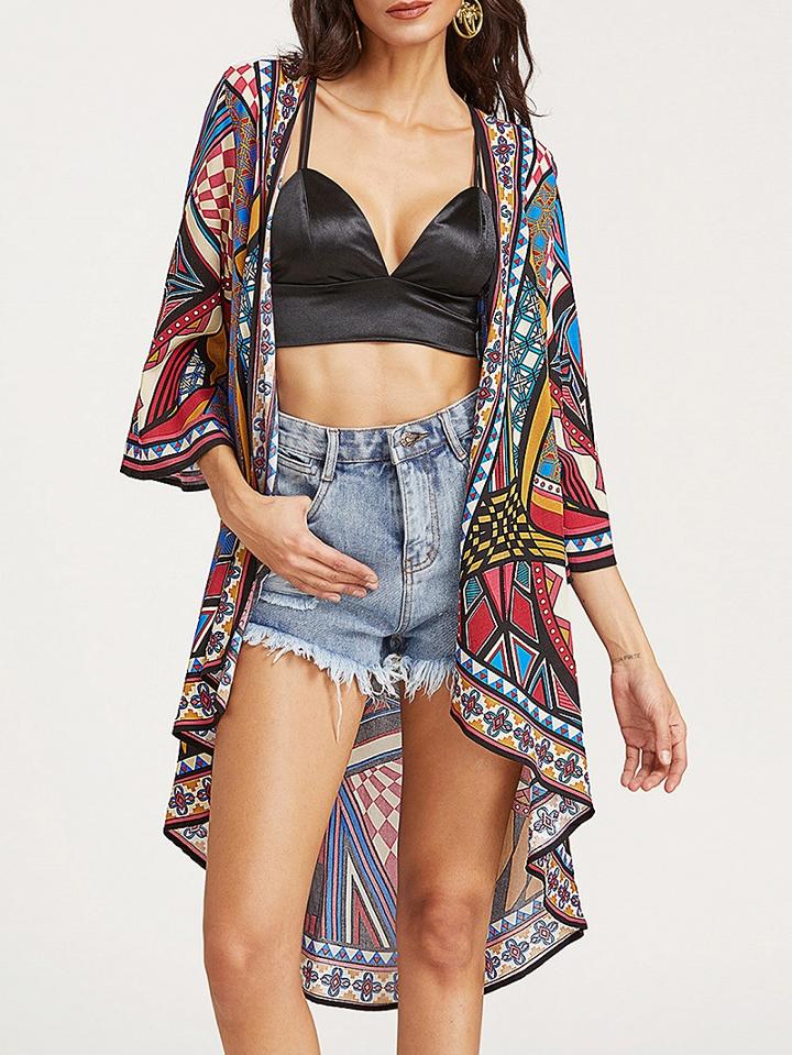 Choies Red Print Detail Open Front Long Sleeve Longline Cardigan