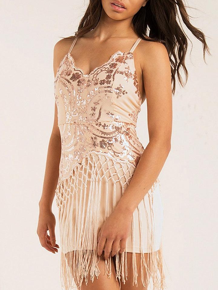 Choies Champagne V-neck Sequins Tassel Detail Bodycon Mini Dress