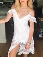 Choies White V-neck Ruffle Trim Open Back Lace Cami Midi Dress