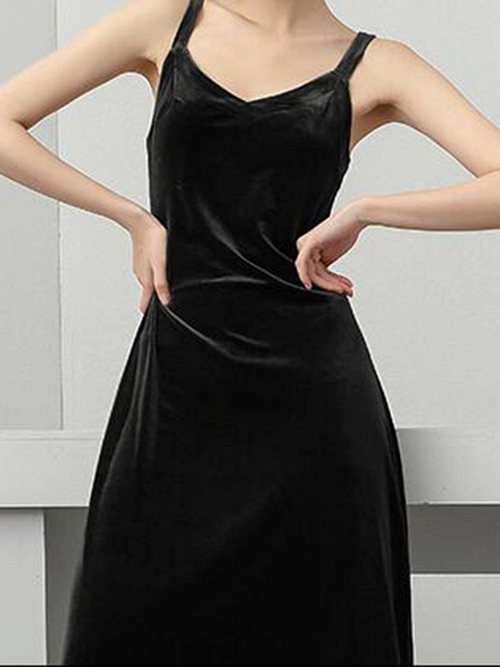 Choies Black Velvet V-neck Chic Women Cami Maxi Dress