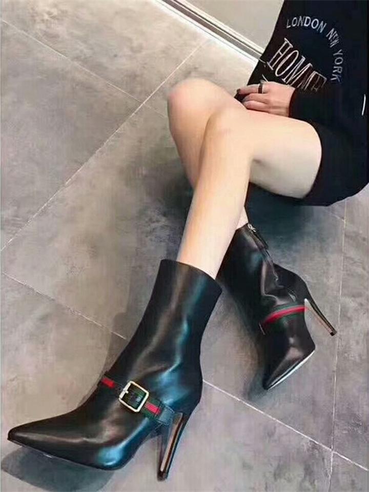 Choies Black Buckle Strap Chic Women Pointed Toe Ankle Boots