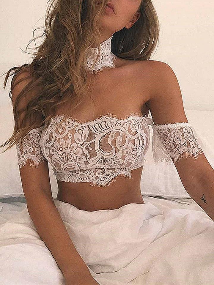 Choies White Off Shoulder Choker Neck Lace Crop Top